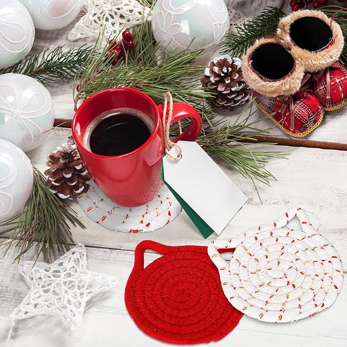Whaline Cat Ear Coaster Set Cat Ear Shape Handmade Braided Cotton Coasters Red Green Non-Slip Absorbent Drink Coasters with Holder for Birthday Housewarming Gifts Home Decor, 4Pcs