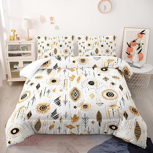 Boho Aztec Comforter Set Queen Yellow Geometry Bedding Sets 3PCS for Kids Teen Adult Room Decor Ultra-Soft Lightweight Microfiber 1 Comforter with 2 Pillowcases