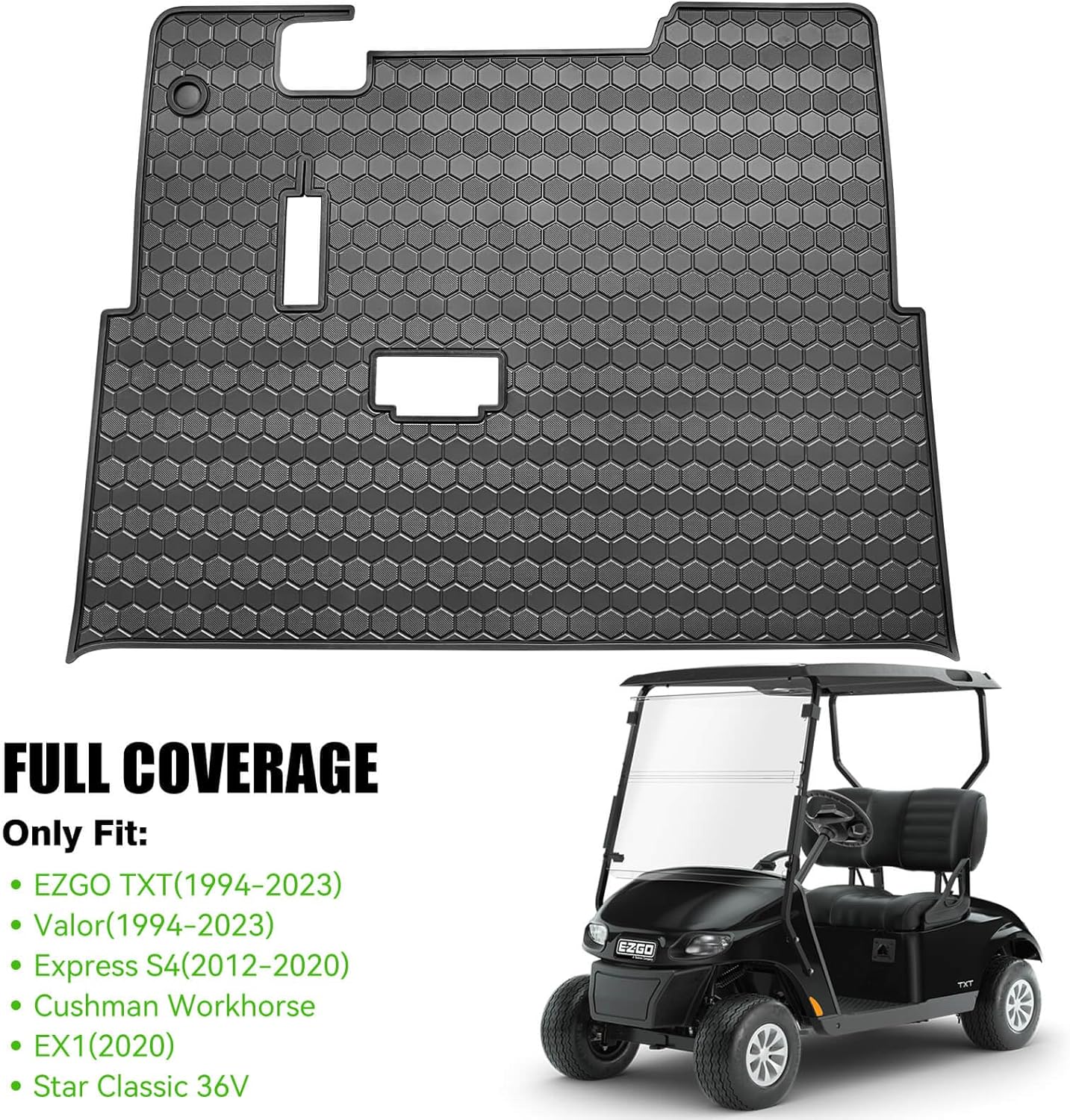 EZGO TXT Golf Cart Full Coverage Floor Liner Mat, fits EZGO TXT (1994+), Valor(1994+), Express S4(2012-2020), Cushman Workhorse, EX1(2020), Thick Anti-Slip Rubber, Black Trim