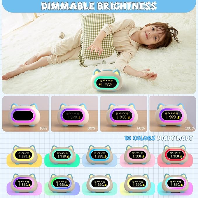 winshine Alarm Clock for Kids, Ok to Wake Clock, Toddler Sleep Training Clock with Eye Protection, 10 Night Lights, Dual Alarms, Child Lock, Snooze, Timer - Cute Cat Clock for Girls and Boys, Blue