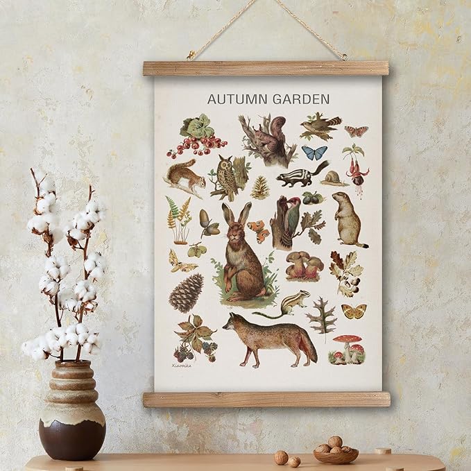 XIAOAIKA Autumn Garden Wildlife Poster - Vintage Illustrated Seasonal Fauna and Flora Chart with Wooden Frame - Educational Wall Art for Home, Classroom, or Nature Enthusiast 12 x 16 Inches