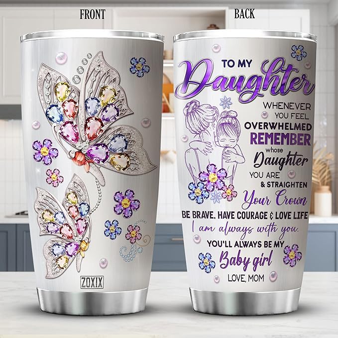 ZOXIX To My Daughter Tumbler From Mom Butterfly Jewelry Style Stainless Steel Coffee Cup 20oz Sentimental Gifts For Daughter From Mother Birthday Present For Her Insulated Mugs