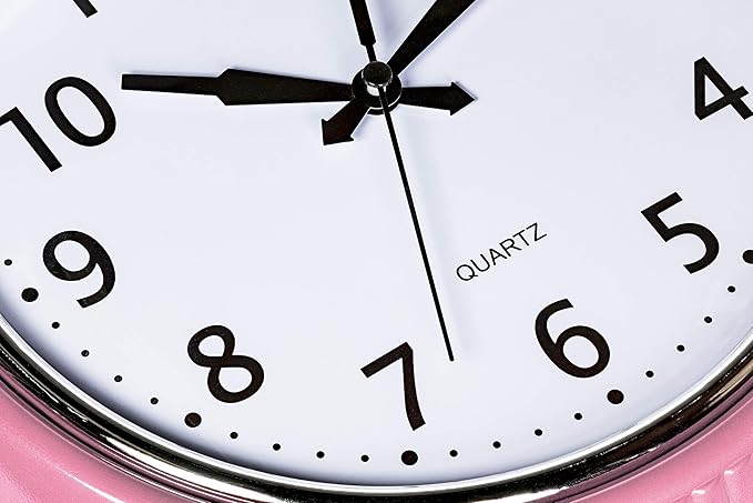 Bernhard Products Retro Wall Clock 9.5 Inch Pink Kitchen 50's Vintage Design Round Silent Non Ticking Battery Operated Quality Quartz for Home Office Baby Nursery Girls Room Classroom, Easy to Read