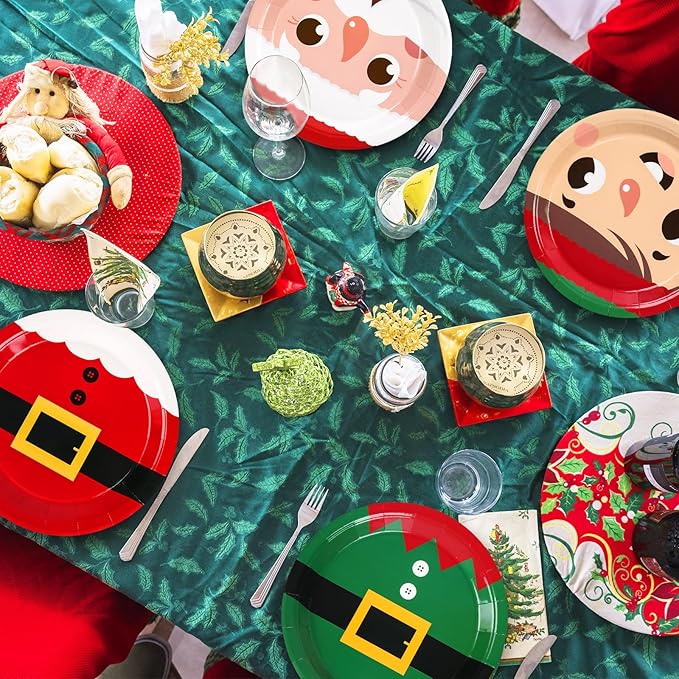 Whaline Christmas Paper Plates Santa Elf Disposable Plates Red Green Cute Xmas Dinnerware Plates Set 9 Inch for Winter Holiday Party Supplies Table Decor, 40Pcs