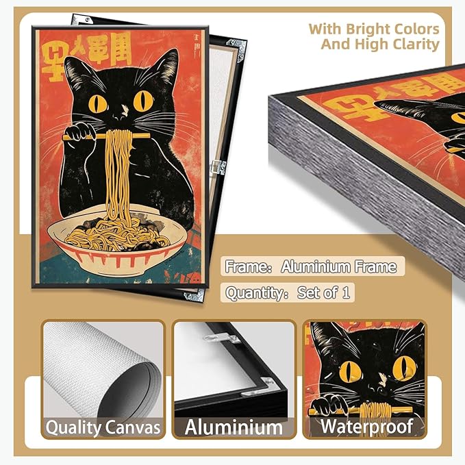 Vintage Cute Black Cat Eats Lamian Noodles Poster Prints Lamian Noodles Canvas Wall Art Cute Black Cat For Home Bedroom Kitchen Dorm Wall Decor 24x36in Black Frame