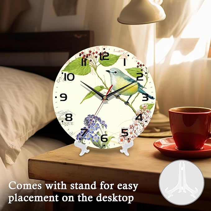 Wall Clock, 10 Inch Silent Non-Ticking Home Kitchen Decor, Battery Operated for Bathroom Bedroom Living Room Office(Vintage Watercolor Bird Flower)