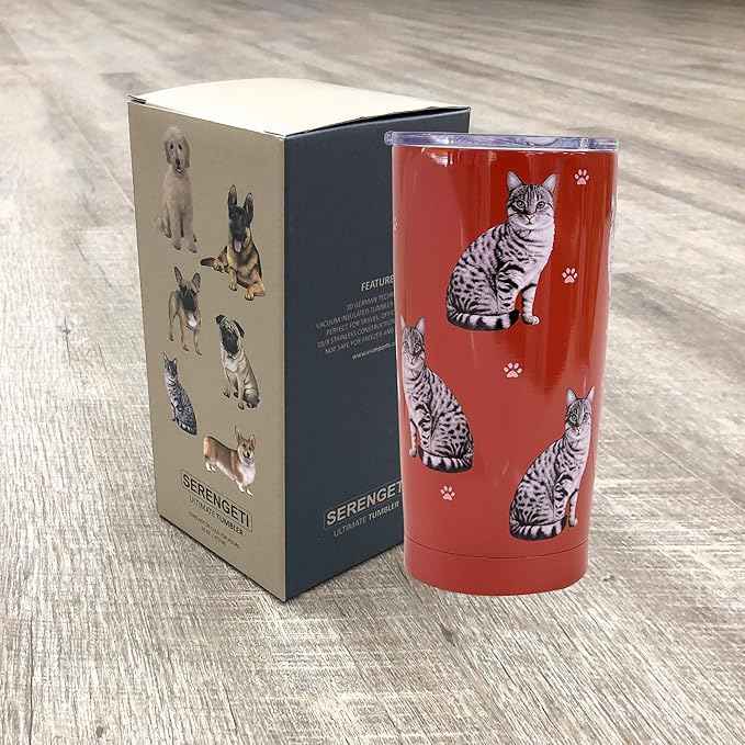 Tabby Cat SERENGETI 16 Oz. Stainless Steel, Vacuum Insulated Tumbler with Spill Proof Lid - 3D Print - Insulated Travel mug for Hot or Cold Drinks (Tabby Silver Cat Tumbler)
