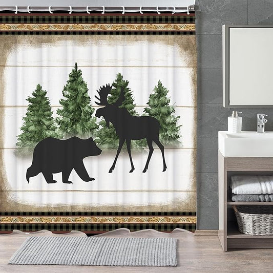 Cabin Bear Moose Farmhouse Shower Curtains,Christmas Tree with Cone Plaid Check Shower Curtain for Bathroom,Rustic Wildlife Animal Fabric Shower Curtain Set with Hooks Bath Decoration 48X72inches