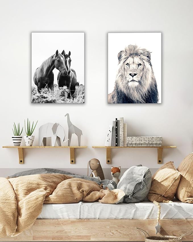 UPWOIGH Bathroom Wall Art Decor, Black and White Horse Wall Art, Waterproof Wood Framed Canvas Wall Art Animals Abstract Prints, 12"x16" High-end Pictures for Dormitory Kids Room 1 Pack