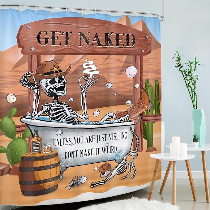Western Cowboy Skull Skeleton Shower Curtain 60Wx72H Funny Cool Texas Gothic Spooky Unique Mexican Bone in Bathtub Bathroom Decor Retro Desert Cactus Bath Curtain Fabric Polyester 12 Pack Hooks