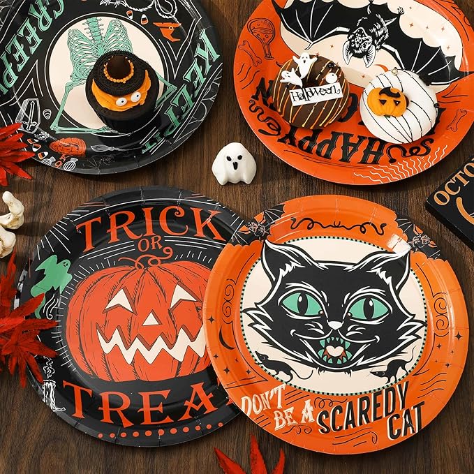 Whaline Halloween Paper Plates Vintage Orange Black Disposable Dinner Plates Black Cat Pumpkin Bat Skeleton 9 Inch Dinnerware Plate for Party Supplies Table Decor, 40Pcs