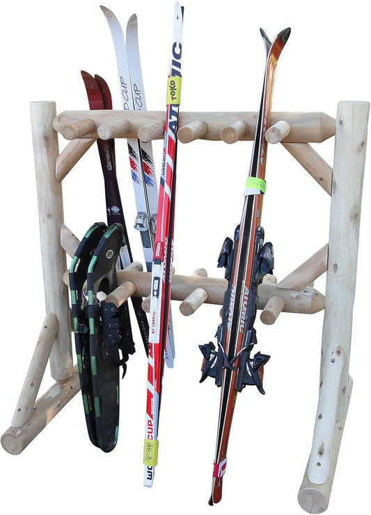 11-Place Freestanding Log Ski Rack Holder, Indoor & Outdoor Snowboard Racks, Standing Storage, Garage Racks for Snow Skis, Durable Snowboard Rack Garage Storage Organizer - Unfinished + 15" Anchor Kit
