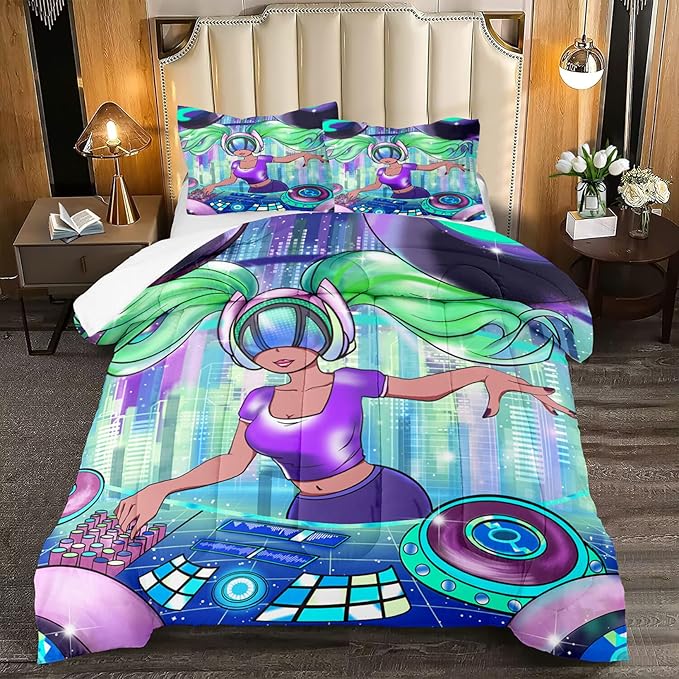 Black Girl Magic Comforter Set Queen Size, African American DJ Girl Pattern Soft Microfiber 3 Piece Quilt Set with 2 Pillowcases Queen Size Comforter Set Gifts for Black Women Girls