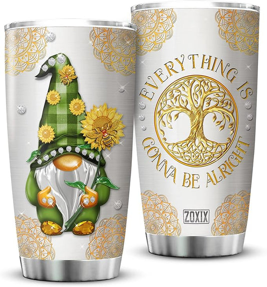 ZOXIX Gnome Insulated Tumbler Everything Is Gonna Be Alright Jewelry Style Stainless Steel Coffee Travel Cup 20oz Cute Gnome Mug With Lid Mandala Hippie Gifts For Women Birthday