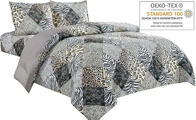 WPM WORLD PRODUCTS MART 3 Piece Animal Print Comforter with Pillow Sham, Black White Grey Leopard Zebra Giraffe Jungle Forest Theme Design King Size Bedding- Safari (Black, King)