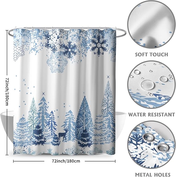 Winter Snow Forest Shower Curtain 72x72 Inches,Christmas Snowflake Snowy Trees Waterproof Polyester Fabric Bathtub Curtain Set with Hooks for Xmas Season Theme Bathroom Decor