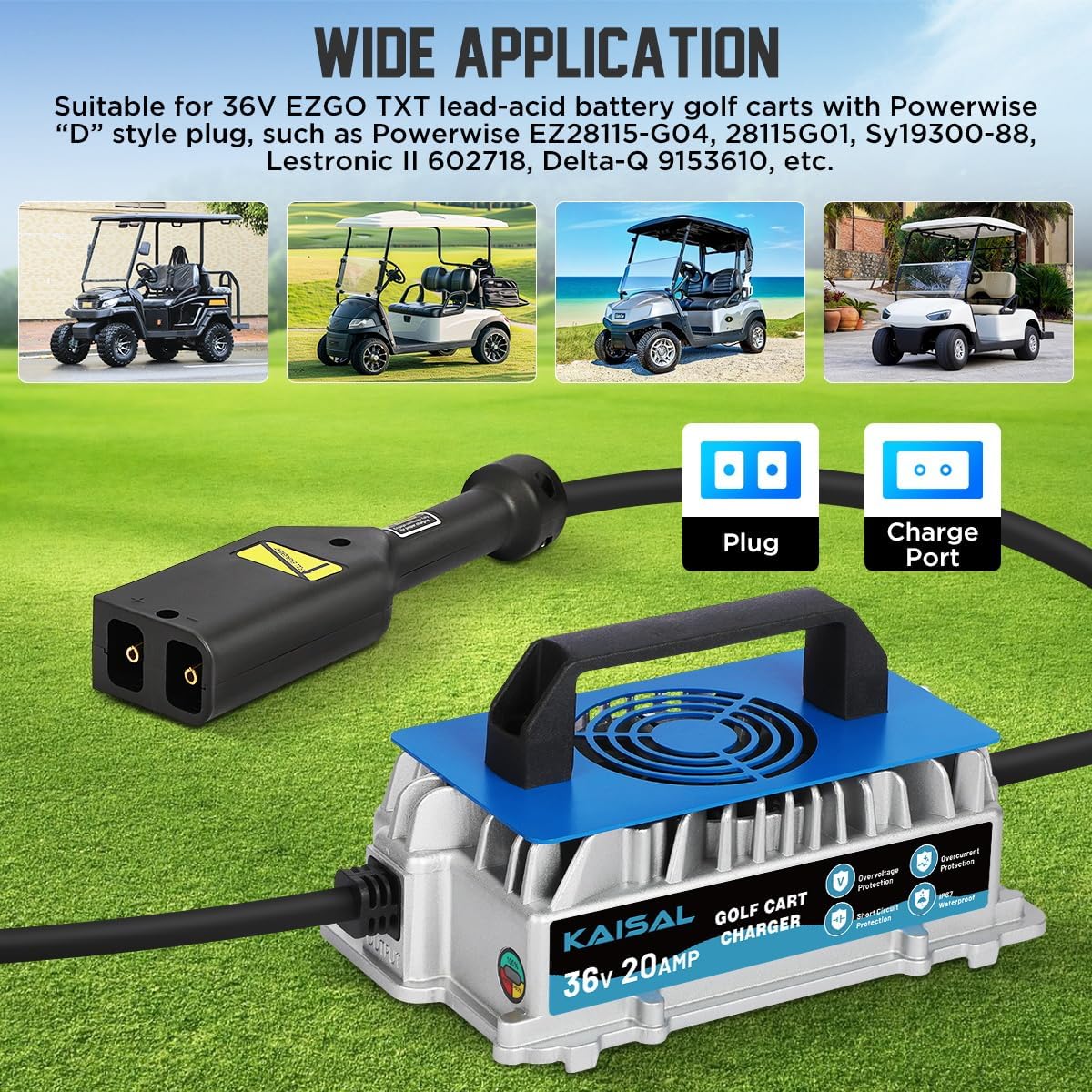 36 Volt Golf Cart Battery Charger for EZGO TXT, 20AMP 1250W EZ GO Golf Cart Charger IP67 Waterproof 36V 20A EZ GO Charger with EZGO TXT D-Plug, 4-6 hrs Full Charge, 16FT Cable, for Lead-Acid Battery
