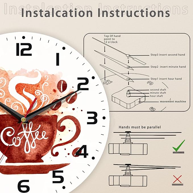 Watercolor Coffee Cup Wall Clock - Vintage Wooden Battery Operated Non-Ticking 10 Inch Silent Art for Living Room, Bedroom, Kitchen - Home Decor for Girls Kids