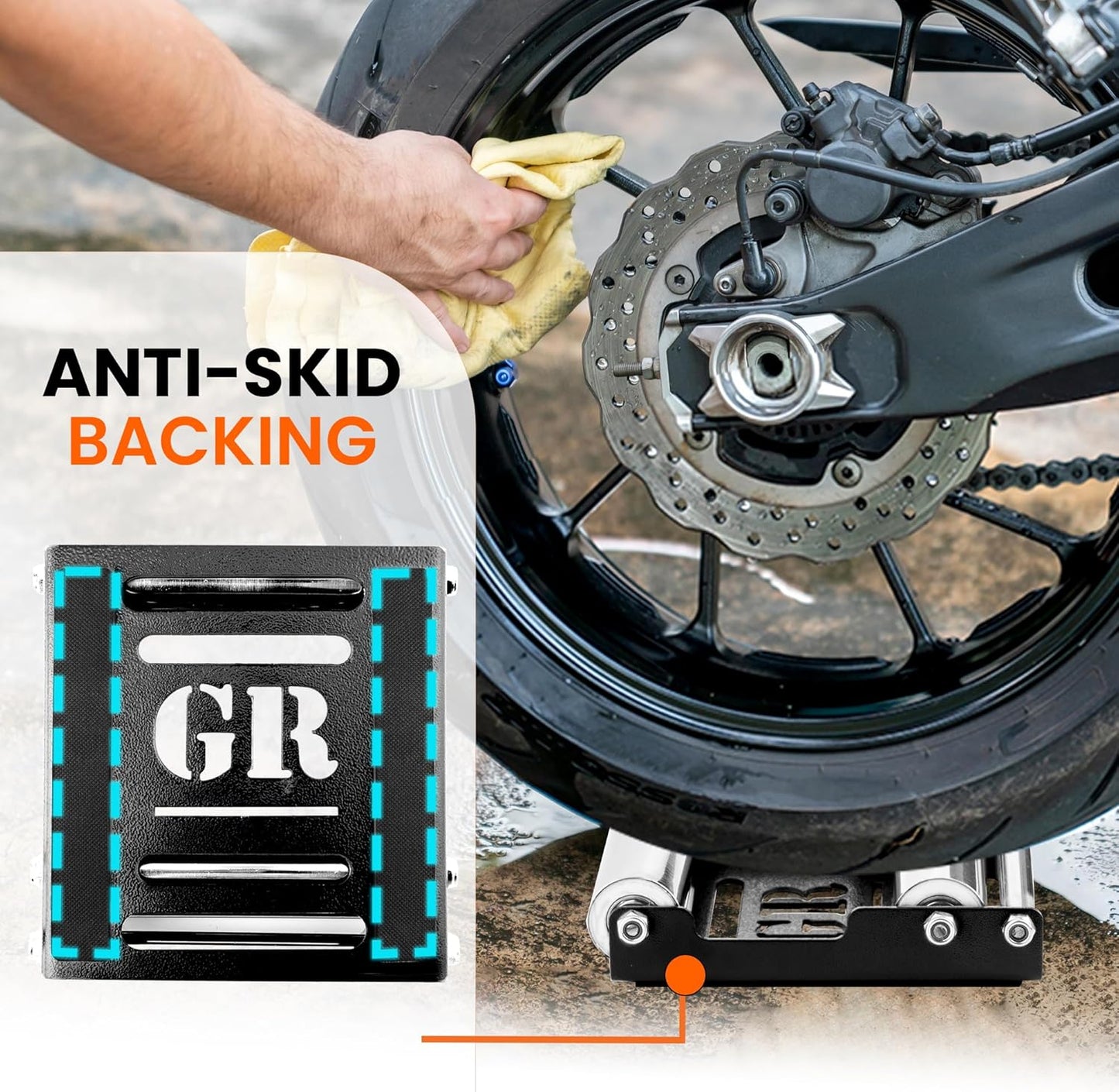 GRAND PITSTOP Motorcycle Roller Wheel Cleaning Stand - Paddock Stand Replacement - Wheel Roller Stand with Ramp Support for tire Cleaning & Chain Lubrication (Black Roller Medium)