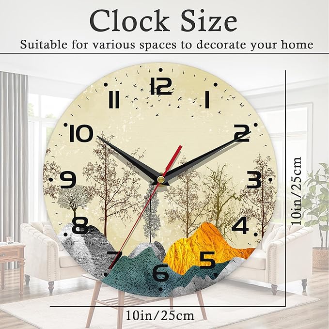 Wall Clock, 10 Inch Silent Non-Ticking Home Kitchen Decor, Battery Operated for Bathroom Bedroom Living Room Office(Golden Forest Mountain)