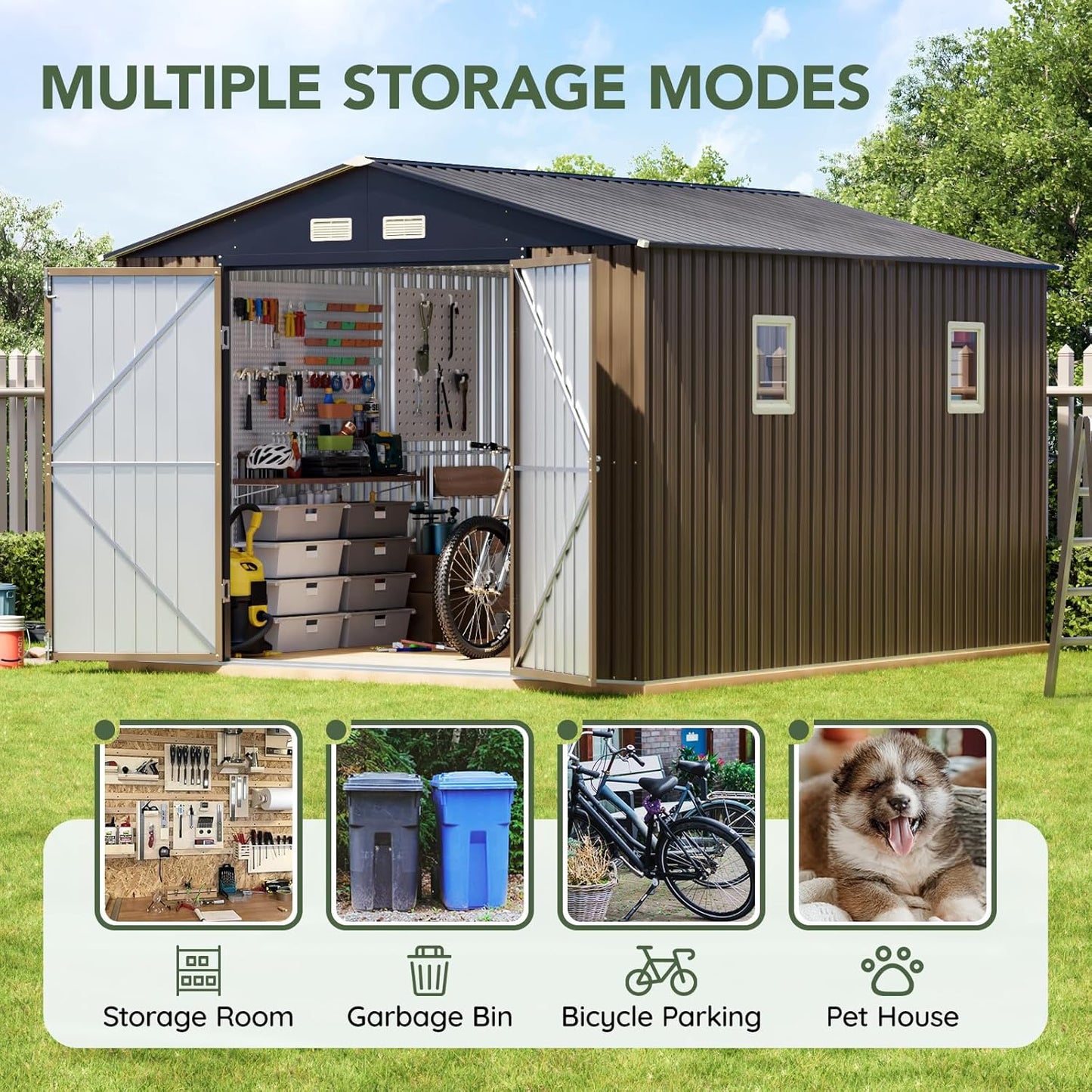 10x10 FT Outdoor Metal Storage Shed with Floor Frame, Double Swing Doors, 2 Clear Windows,Tool Shed for Garden, Patio, Backyard Brown