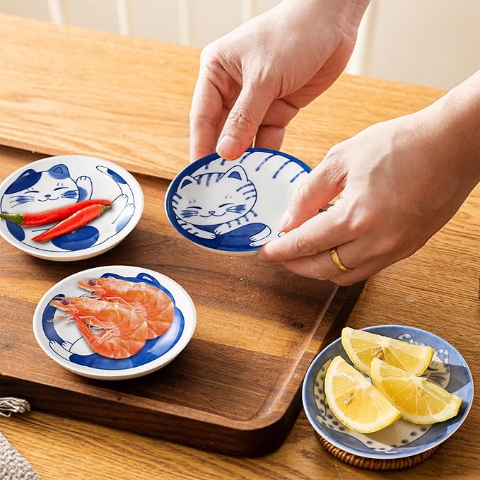4 Pcs 4 Inches Cute Cat Soy Sauce Dish,Ceramic Cat Bowls,Japanese Cat Plates,Dipping Bowls,Snack Dish,Small Ceramic Saucers Plates, Sushi Plate Set, Mini Bowls, Small Bowls for Sides Dish (4 Inch)