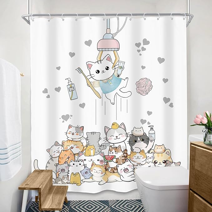 SVBright Funny Cat Shower Curtain 60Wx72L Inch Kids Cute Kitten Cartoon Children Animal Pets Fun Hilarious Lovely Boys Girls Toddler 12 Pack Hooks Polyester Waterproof Fabric Bathroom Bathtub Panels