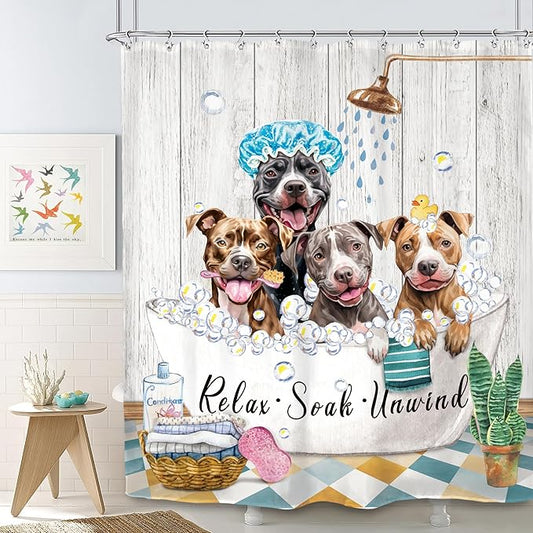 SVBright Funny Dog Shower Curtain 60Wx72L Inch Kids Cute Animals Farmhouse Puppy Shower Wooden Plank Bubbles Vintage Rustic 12 Pack Hooks Polyester Waterproof Fabric Bathroom Bathtub Panels