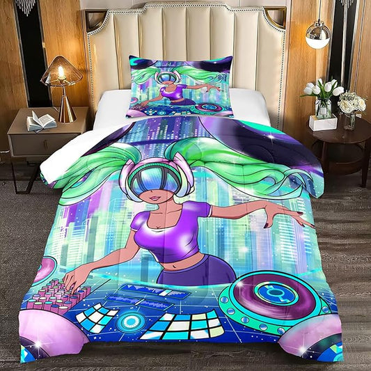 Black Girl Twin Comforter Set for Teens and Adults - Pretty African American DJ Pattern Bedding With 1 Pillowcase