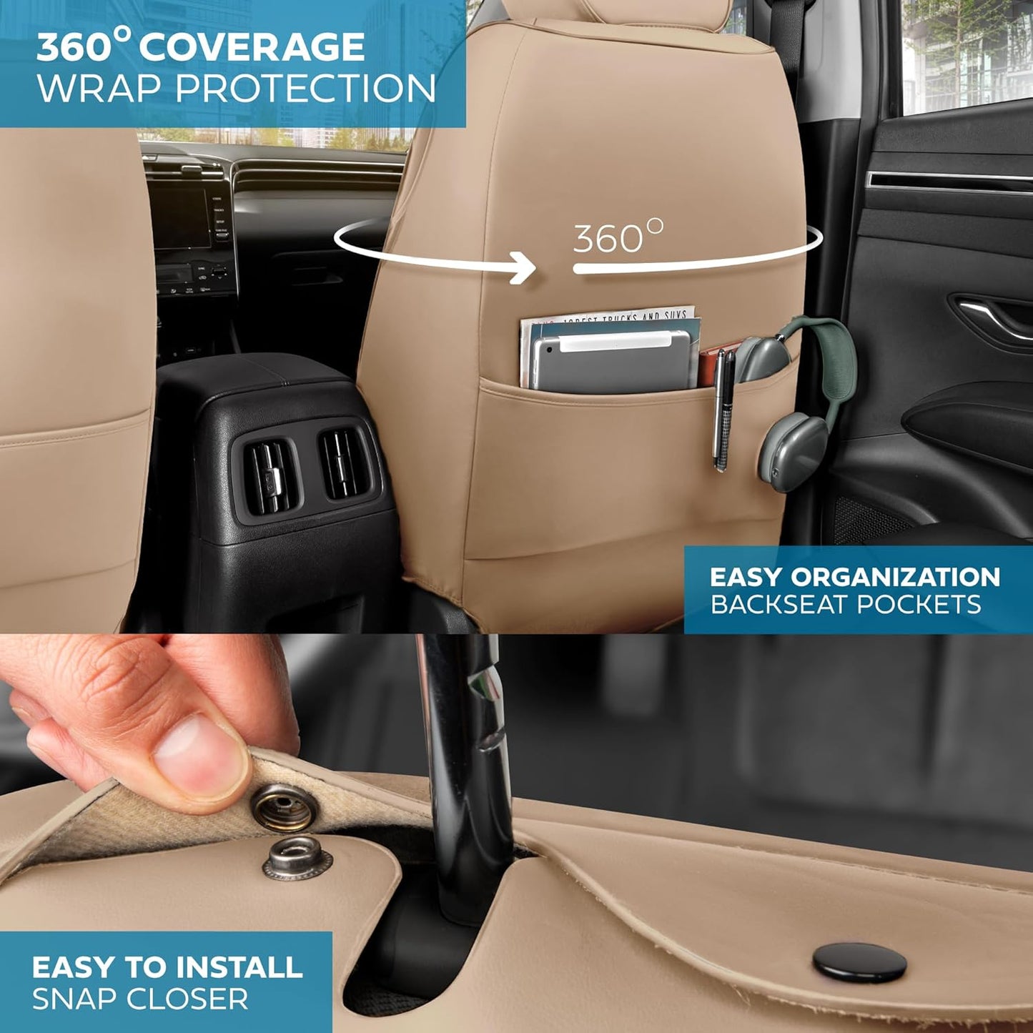 Elite Edition Faux Leather Seat Covers for Cars, Trucks, & SUV - 2 Beige Car Seat Covers for Front Seats - Universal Fit Car Accessories Automotive Interior Cover Protector for Most Vehicles