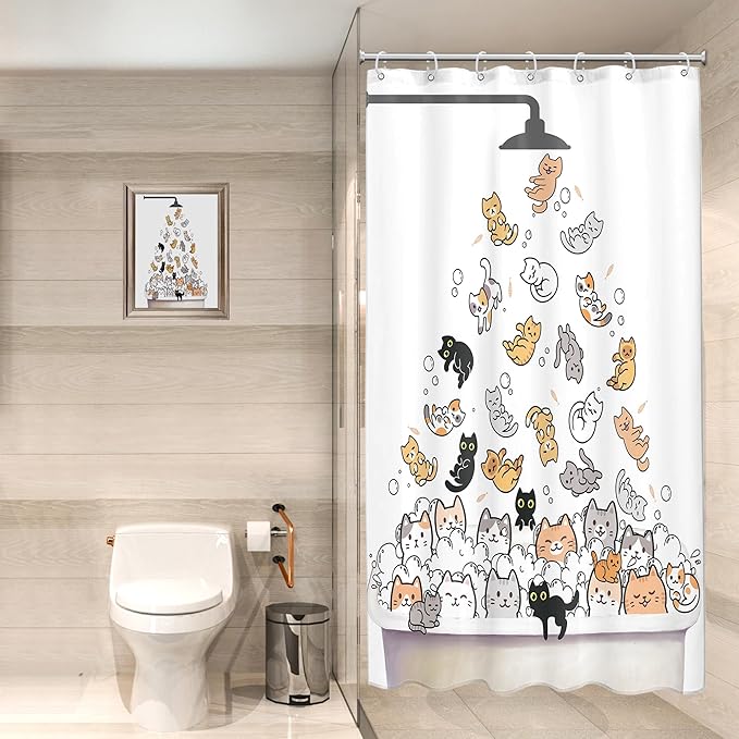 SVBright Small Stall Cute Cat Shower Curtain 36Wx72L Inch for Kids Rv Half Single Narrow Cute Cartoon Animal Funny Raining Animal 7 Pack Hooks Polyester Waterproof Fabric Bathroom Bathtub Panels