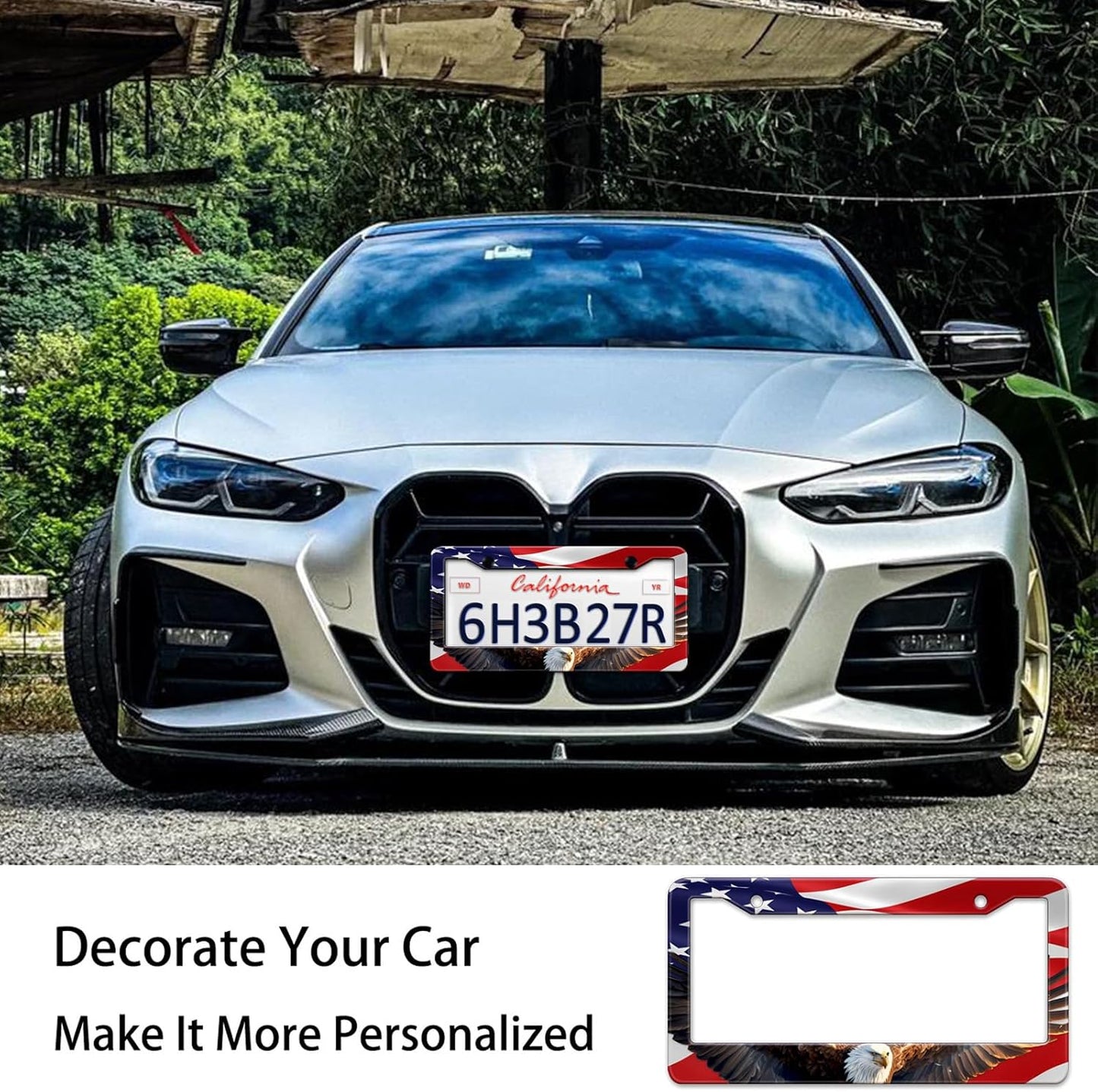 Eagle American Flag License Plate Frame, US Flag Car Tag Frame Holder Covers, Metal Aluminum Rustproof Car Accessories for Men Women 2 Holes with Screws