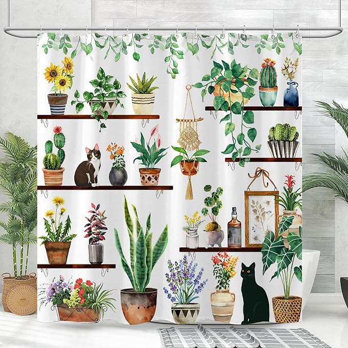 Yeoiat Plants Cat Shower Curtain Cute Shower Curtain for Bathroom with 12 Hooks Polyester Fabric Waterproof Shower Curtains for Bathroom Decoration (White, 72"x72")