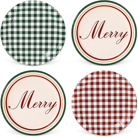 Whaline Merry Christmas Paper Plate Gingham Plaid Disposable Plate 9 Inch Red Green Checkered Dinner Dessert Plate For Xmas Winter Party Supplies Table Decor, 40Pcs