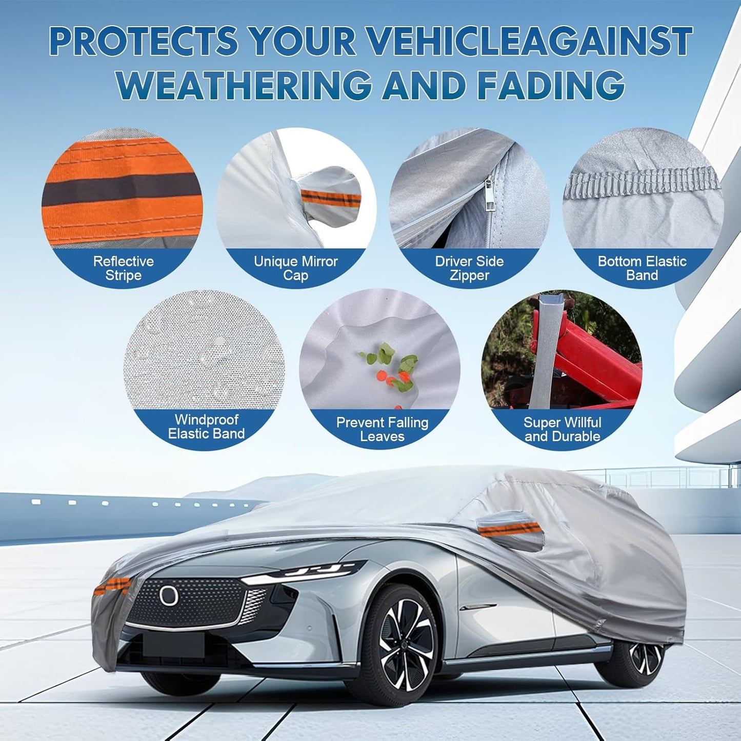 KEYOOG Car Cover, Fit for 230"-260" Length Pickup Truck, 6-Layer All-Weather Waterproof, Universal in All Seasons, Snow Prevention, Rainproof, Acid Rainproof, Sunscreen, Orange Reflective Strip