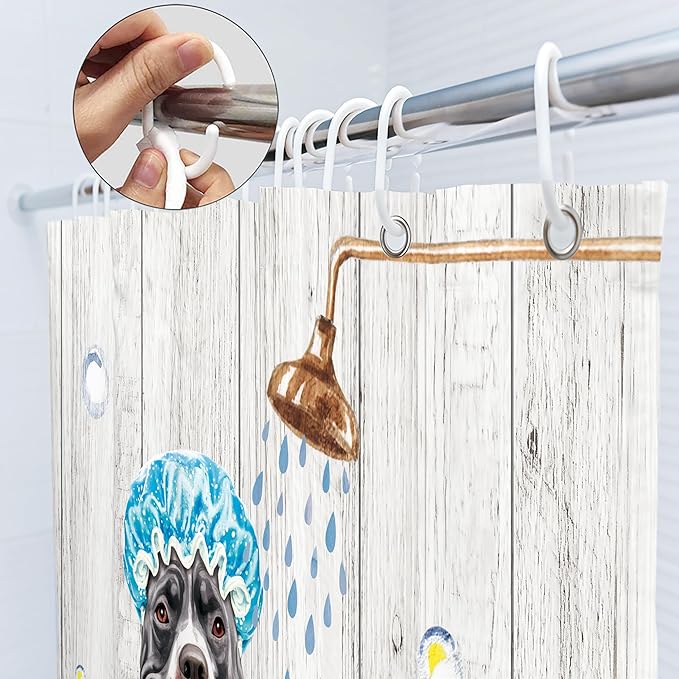 SVBright Funny Dog Shower Curtain 60Wx72L Inch Kids Cute Animals Farmhouse Puppy Shower Wooden Plank Bubbles Vintage Rustic 12 Pack Hooks Polyester Waterproof Fabric Bathroom Bathtub Panels