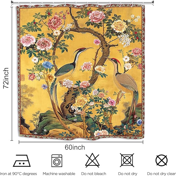 Vintage Flower Shower Curtain 60Wx72L Inch Crane Peony Vintage Retro Chinese Plant Botanical Yellow Bathroom Set Accessories Decor with 12 Pack Hooks