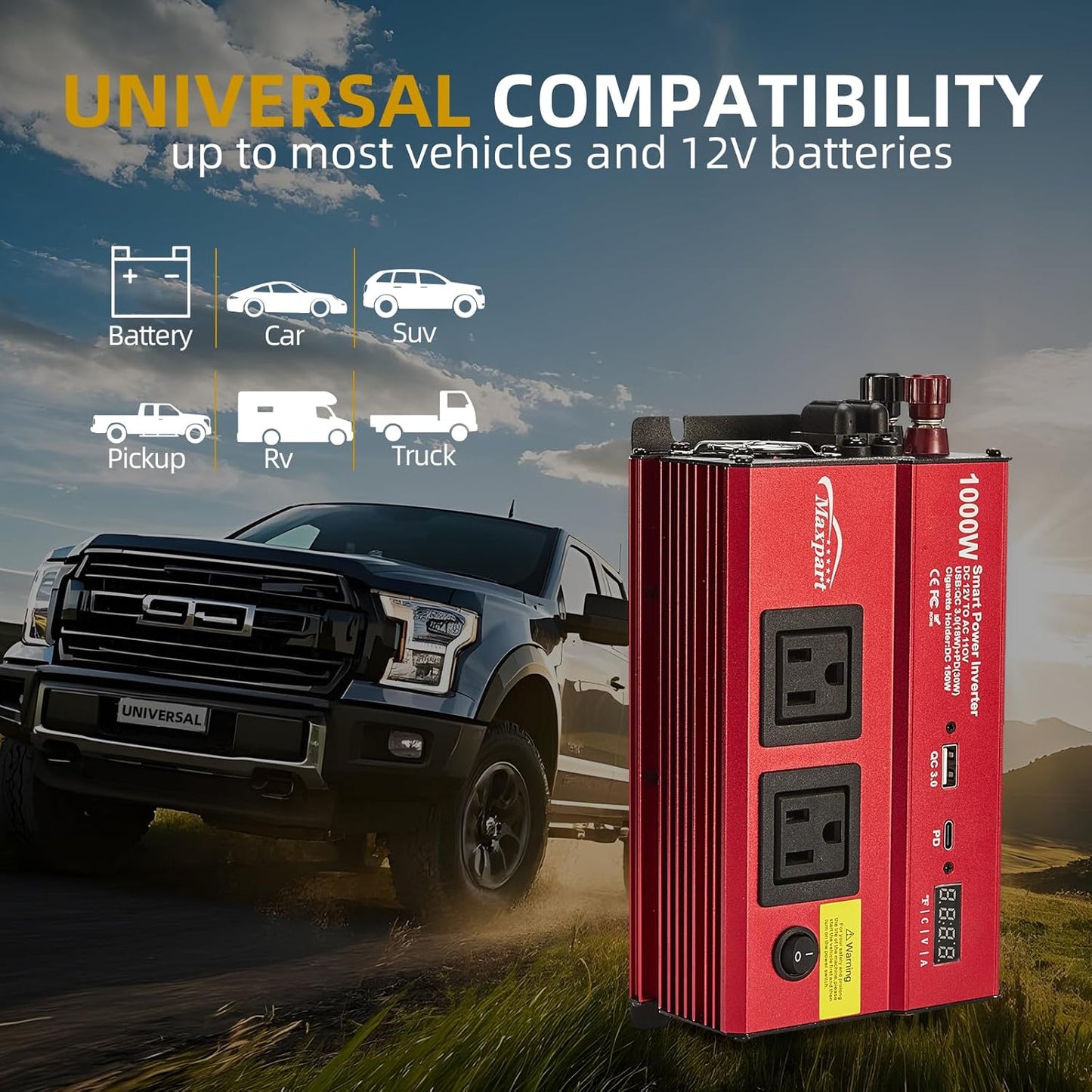 TWING Car 1000w Inverter,12v DC to 110v Power Inverters for Vehicles 1000 watt with Dual AC Outlets 3.0A USB and Type-C,12 Volt Inverter Car Cigarette Lighter Battery