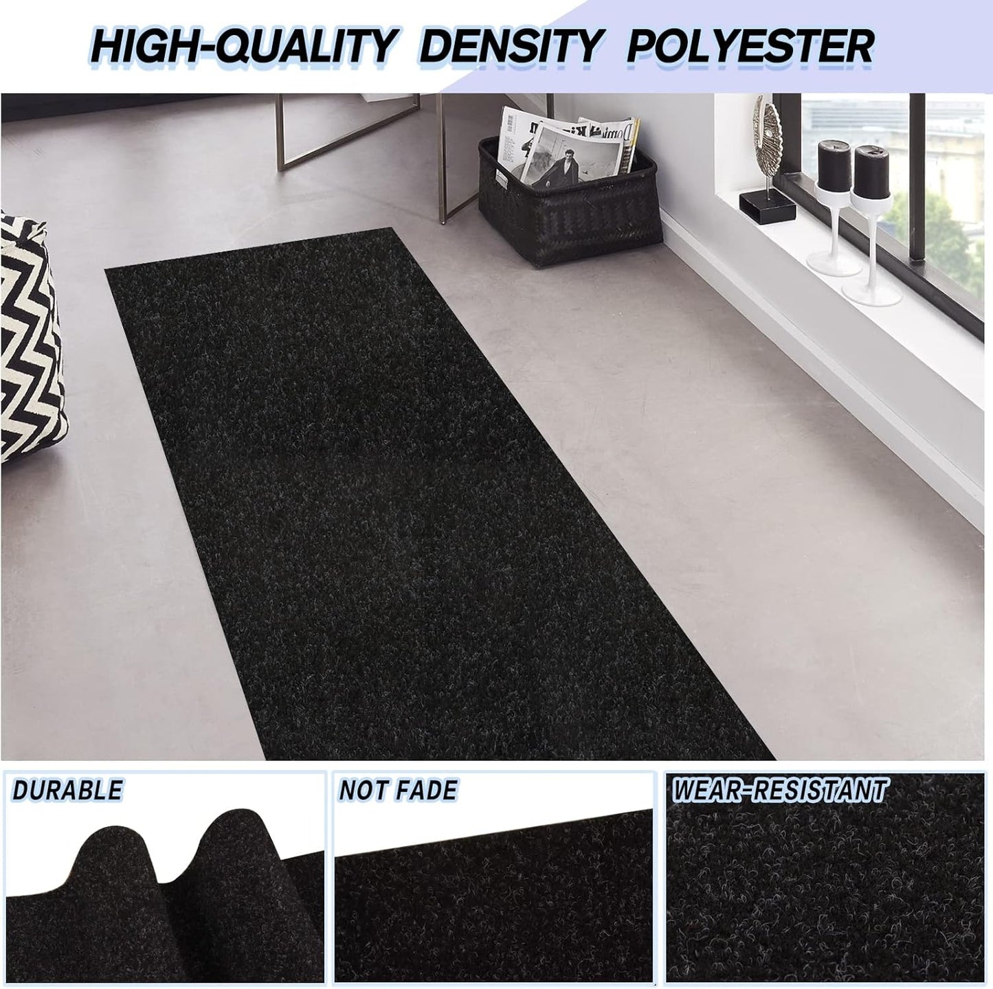 Custom Size Backed Non-Slip Area Rugs Runner, Easy Clean, Waterproof Runner Rugs for Hallway Entryway, Kitchen, Laundry, 4FT x 54FT, Black