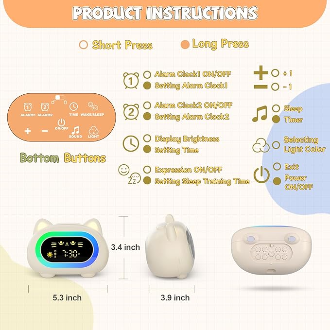 winshine Kids Alarm Clock, Ok to Wake Clock for Kids, Toddler Sleep Training Clock with Eye Protection, 10 Night Lights, Dual Alarms, Child Lock, Snooze, Timer - Cute Cat Clock for Girls and Boys