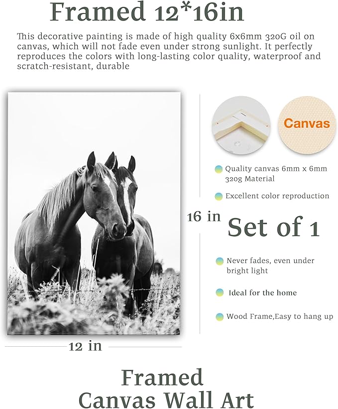 UPWOIGH Bathroom Wall Art Decor, Black and White Horse Wall Art, Waterproof Wood Framed Canvas Wall Art Animals Abstract Prints, 12"x16" High-end Pictures for Dormitory Kids Room 1 Pack