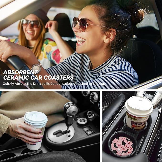 Absorbent Ceramic Car Coasters for Cup Holders, Cute Pink Dachshund Design 2.56" Anti Slip Universal Drink Cup Coasters for Women Men (2 Pack)