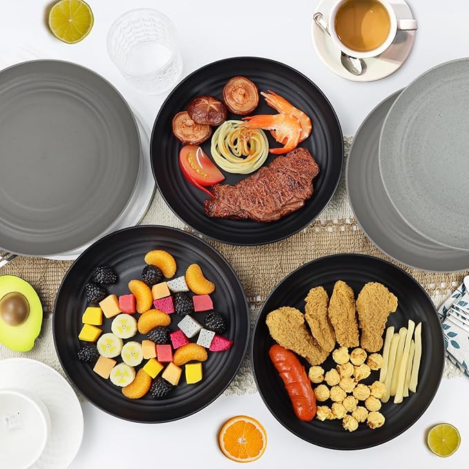 Wheat Straw Plates 10 Inch Dinner Plates Set of 8, Lightweight and Unbreakable Plastic Plates Reusable, Microwave & Dishwasher Safe Kids Plates (Black, Grey)