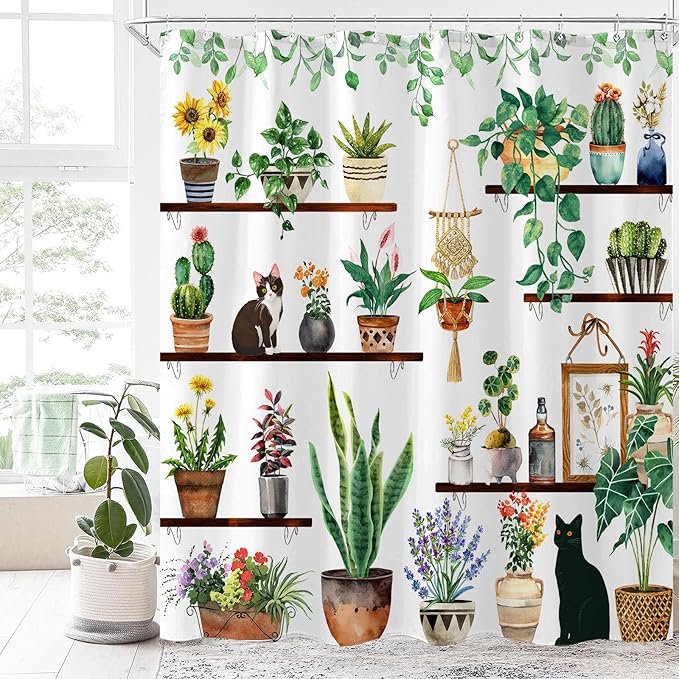 Yeoiat Plants Cat Shower Curtain Cute Shower Curtain for Bathroom with 12 Hooks Polyester Fabric Waterproof Shower Curtains for Bathroom Decoration (White, 72"x72")