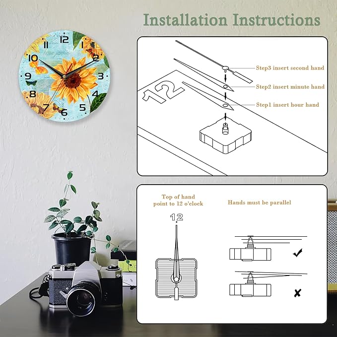 Vintage Teal Sunflower Wall Clock for Bathroom,Sunflower Wall Clocks Silent Non-Ticking Battery Operated Clock 10 Inch,Wall Clocks Decorative for Living Room,Kitchen,Office