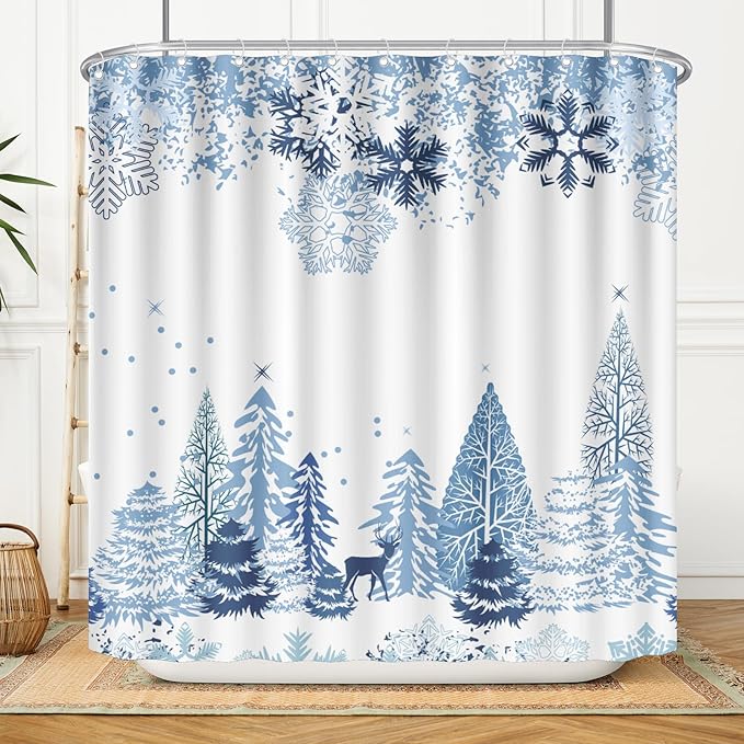 Winter Snow Forest Shower Curtain 72x72 Inches,Christmas Snowflake Snowy Trees Waterproof Polyester Fabric Bathtub Curtain Set with Hooks for Xmas Season Theme Bathroom Decor