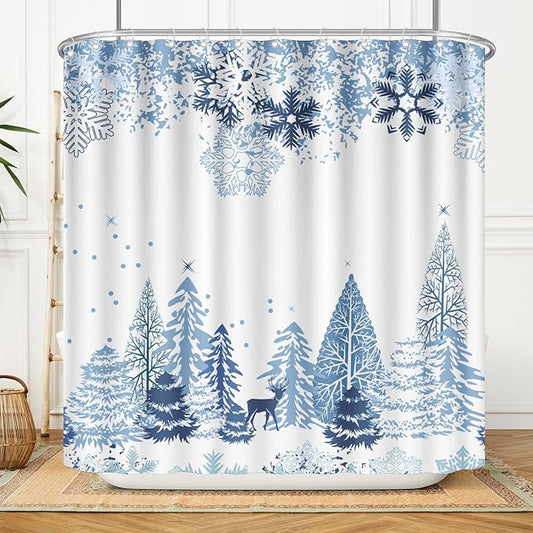 Winter Snow Forest Shower Curtain 72x72 Inches,Christmas Snowflake Snowy Trees Waterproof Polyester Fabric Bathtub Curtain Set with Hooks for Xmas Season Theme Bathroom Decor