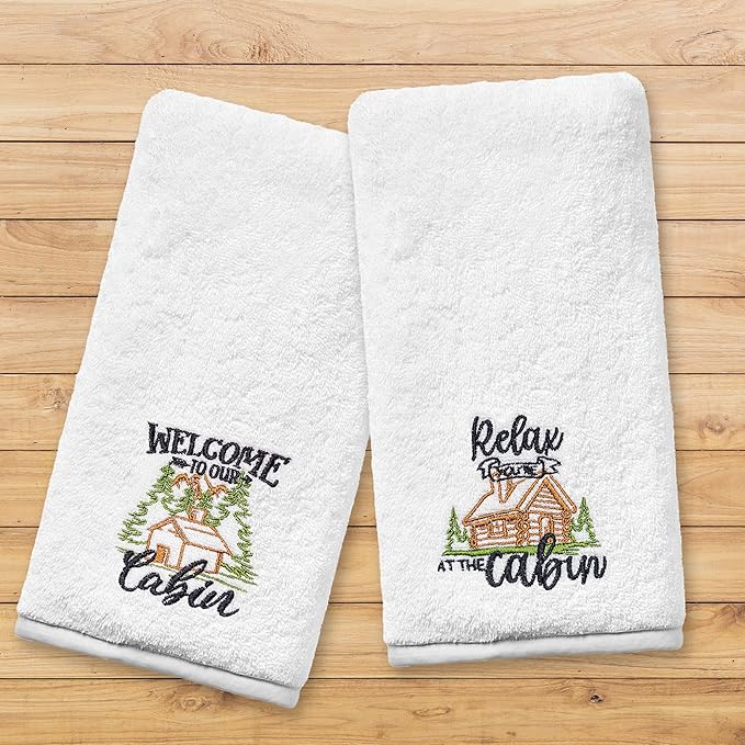Cabin Hand Towels for Bathroom, Cabin Decor Embroidered Dish Towels, Log Cabin Decor Gifts Decorative New Home Bear Deer Tea Hand Towels, 100% Cotton Soft Towels for Kitchen 14x30 Inches