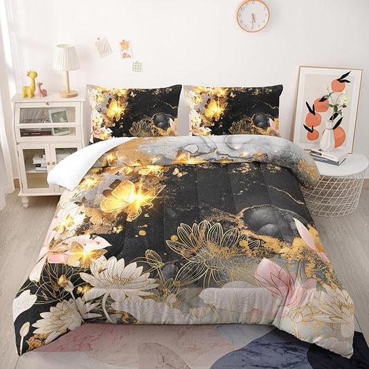 Butterfly Flowers Comforter Set Twin Lotus Floral Bedding Sets 3PCS for Kids Teen Adult Room Decor Ultra-Soft Lightweight Microfiber 1 Comforter with 2 Pillowcases