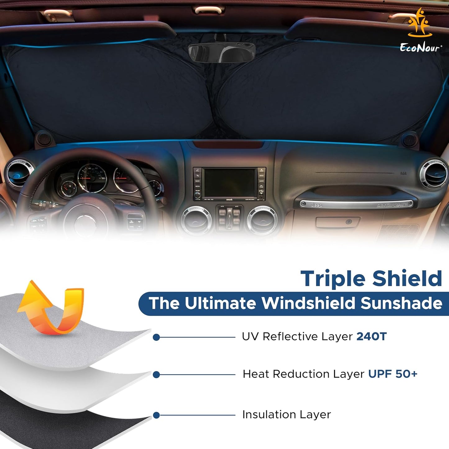 EcoNour Jeep Wrangler Windshield Sunshade | Front Windshield Sun Shade to Protect UV Rays and Heat Glare | Jeep Accessories Cover | Fits Wrangler, Gladiator, Rubicon | X-Small (60"x21")